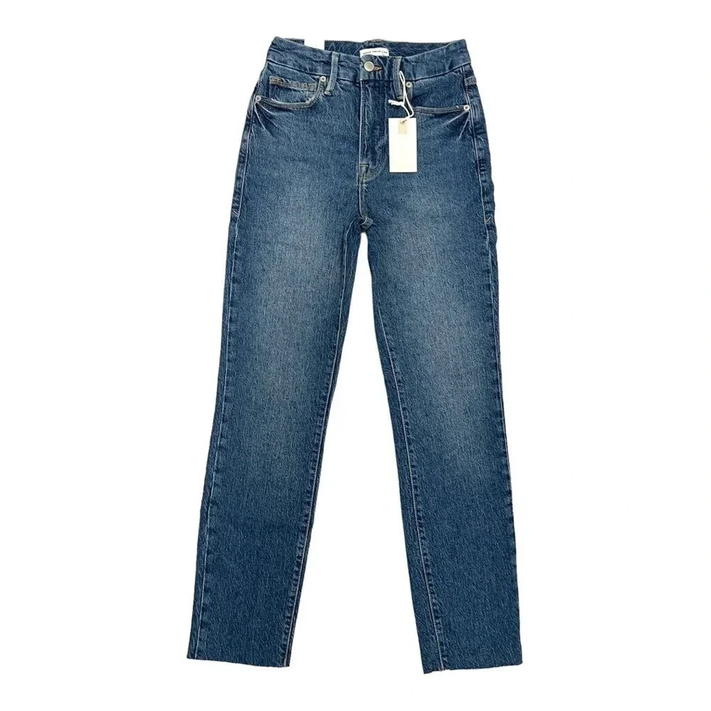 Good American Good Classic Raw Hem High Rise Jeans Straight Leg Denim Size 26